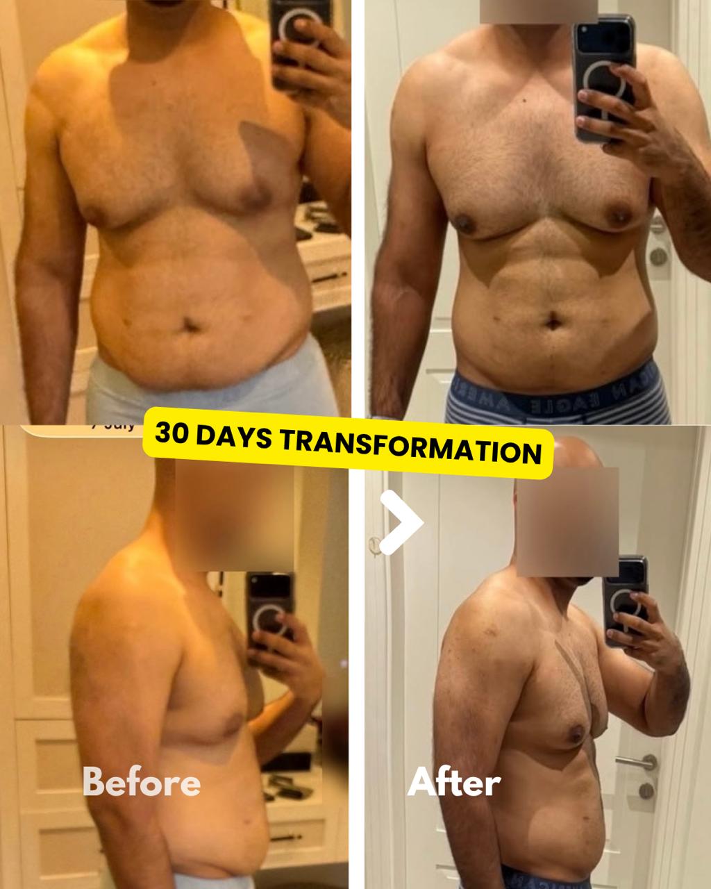 Front and side progress photos of NN in her forties, before and after just 30 days of coaching, showing visible fat loss around the waist and chest